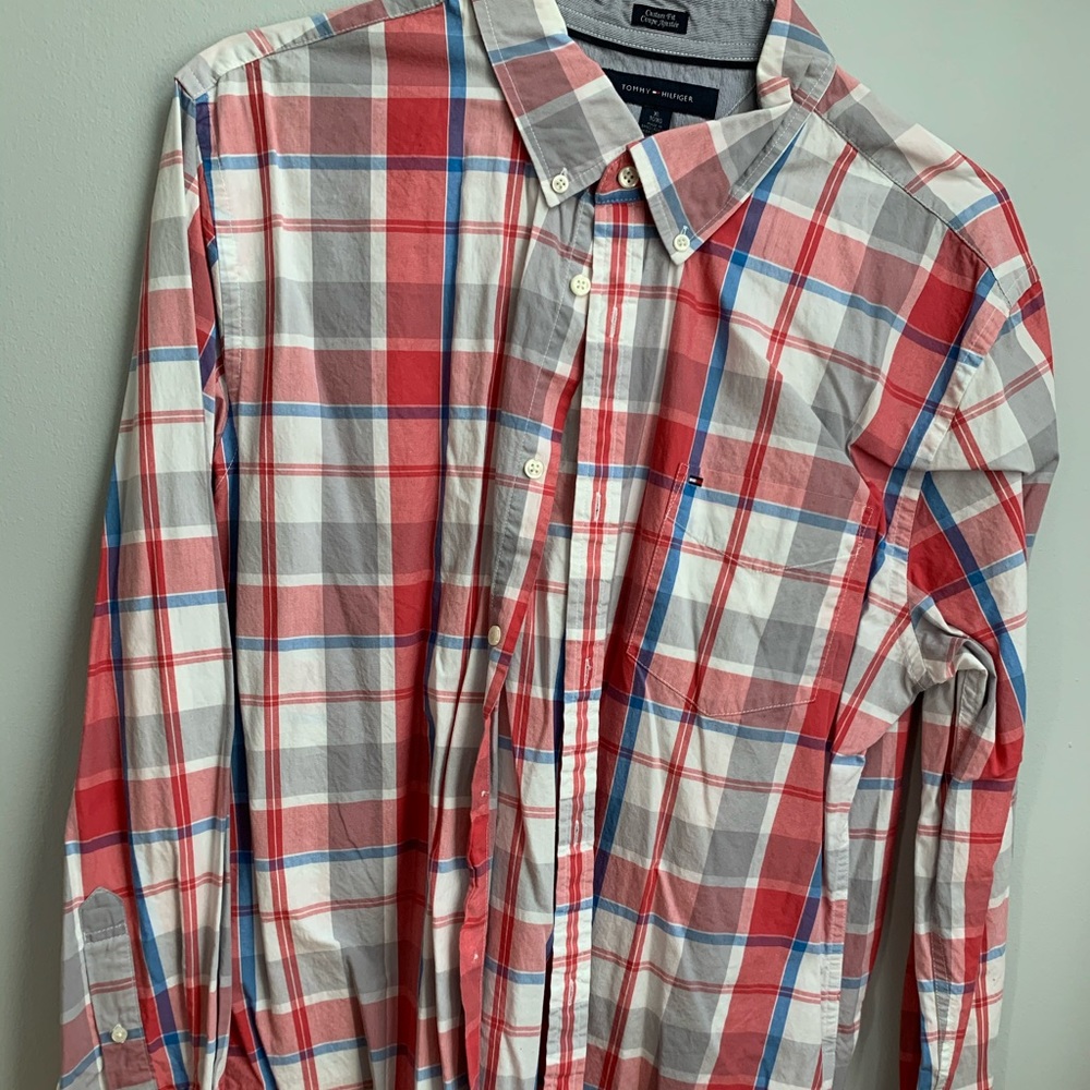 XL Tommy Hilfiger, Plaid Red & Gray, Dress Shirt